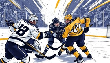 A vibrant, cubist-style painting depicting the intense action and competition of a hockey game, with sharp geometric shapes and planes of color representing the players, the puck, and the fast-paced back-and-forth of the game.