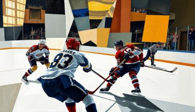 A cubist, geometric painting depicting the intense action of a hockey shootout, with players and the puck fractured into sharp, overlapping shapes and planes.