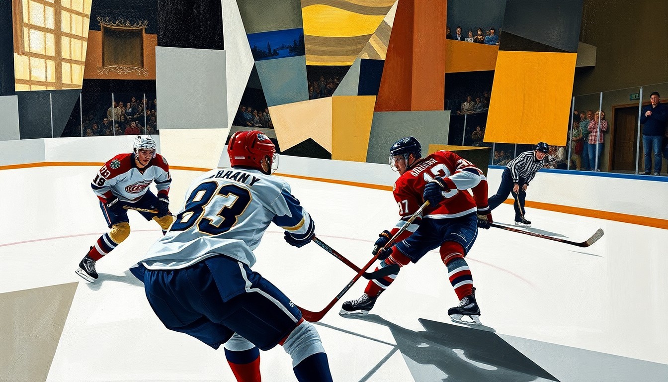 A cubist, geometric painting depicting the intense action of a hockey shootout, with players and the puck fractured into sharp, overlapping shapes and planes.
