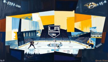 A fractured, geometric painting depicting a hockey game between the Los Angeles Kings and Nashville Predators, with the players and action broken down into sharp, overlapping planes of color and form.