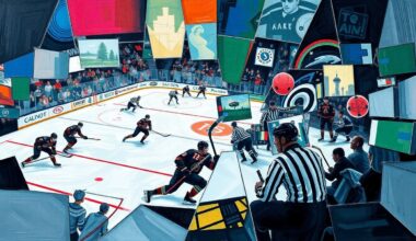 An abstract, cubist-style painting depicting the dynamic action of a hockey game between the Minnesota Wild and Seattle Kraken, with the players