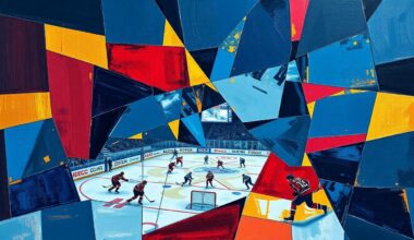 A cubist, geometric painting depicting a hockey player in motion, with sharp, overlapping planes of color representing the dynamic action of the sport.