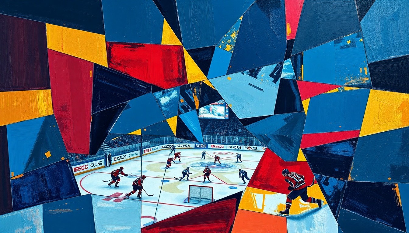 A cubist, geometric painting depicting a hockey player in motion, with sharp, overlapping planes of color representing the dynamic action of the sport.
