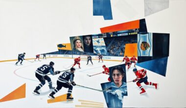 A cubist, geometric painting depicting fragmented hockey players and equipment, representing the multi-faceted nature of the Red Wings