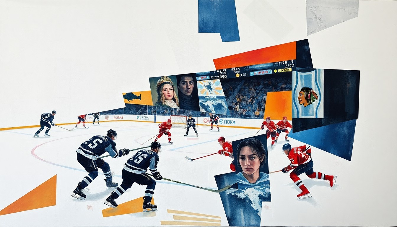 A cubist, geometric painting depicting fragmented hockey players and equipment, representing the multi-faceted nature of the Red Wings