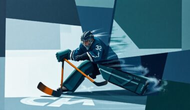 A cubist, geometric painting depicting a hockey goaltender making a save, with the figure broken down into sharp, overlapping planes of muted blue, grey, and green tones.