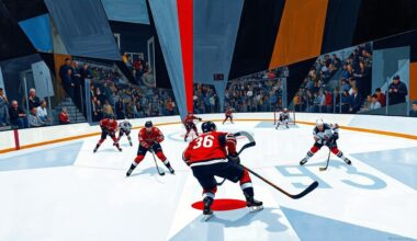 A fractured, multi-perspective painting breaking down a hockey game into sharp, overlapping geometric planes of color and angular shapes, conceptually representing the high-stakes clash between the two teams.