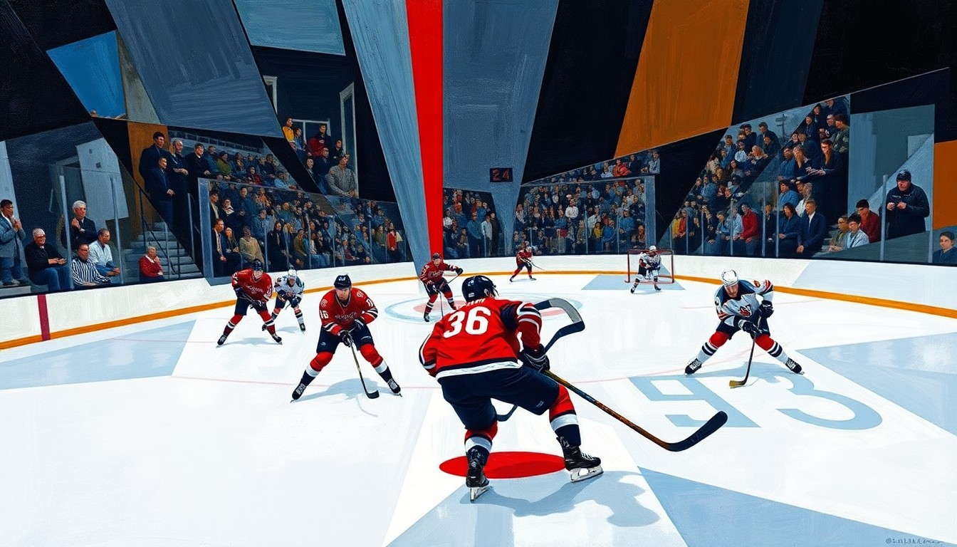 A fractured, multi-perspective painting breaking down a hockey game into sharp, overlapping geometric planes of color and angular shapes, conceptually representing the high-stakes clash between the two teams.