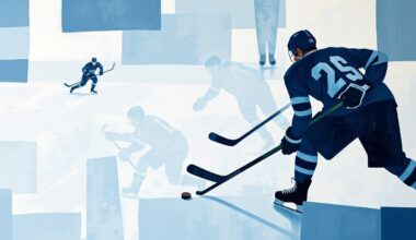 A fragmented, geometric painting in muted blues and grays depicting the blurred action of a hockey game, with sharp angular planes representing the ice, players, and equipment.
