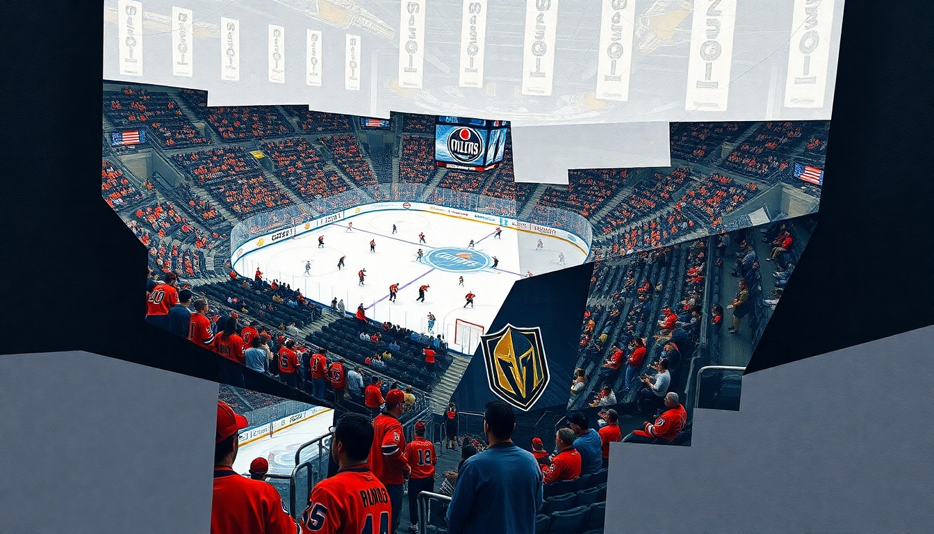 A cubist, geometric painting depicting a fragmented hockey game, with players, spectators, and the arena itself broken down into sharp, overlapping planes of color and form, capturing the chaotic energy of an unexpected event unfolding within the confines of the sporting arena.