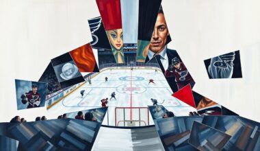 A cubist, geometric painting depicting a hockey game between the Colorado Avalanche and St. Louis Blues, with players and the rink broken down into sharp, overlapping shapes and planes of color.