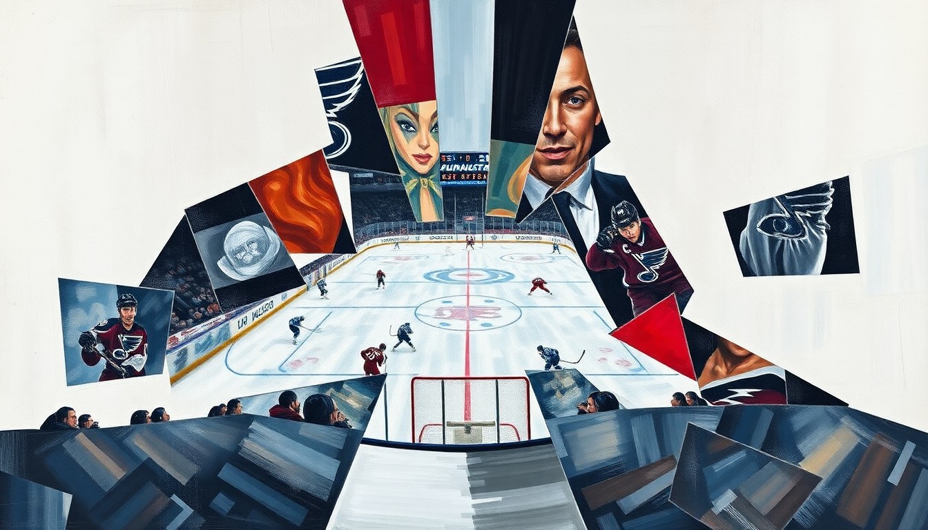 A cubist, geometric painting depicting a hockey game between the Colorado Avalanche and St. Louis Blues, with players and the rink broken down into sharp, overlapping shapes and planes of color.