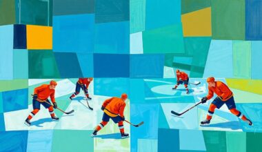 A cubist-style painting depicting a fragmented, geometric interpretation of a hockey practice, with overlapping planes of ice, sticks, and players