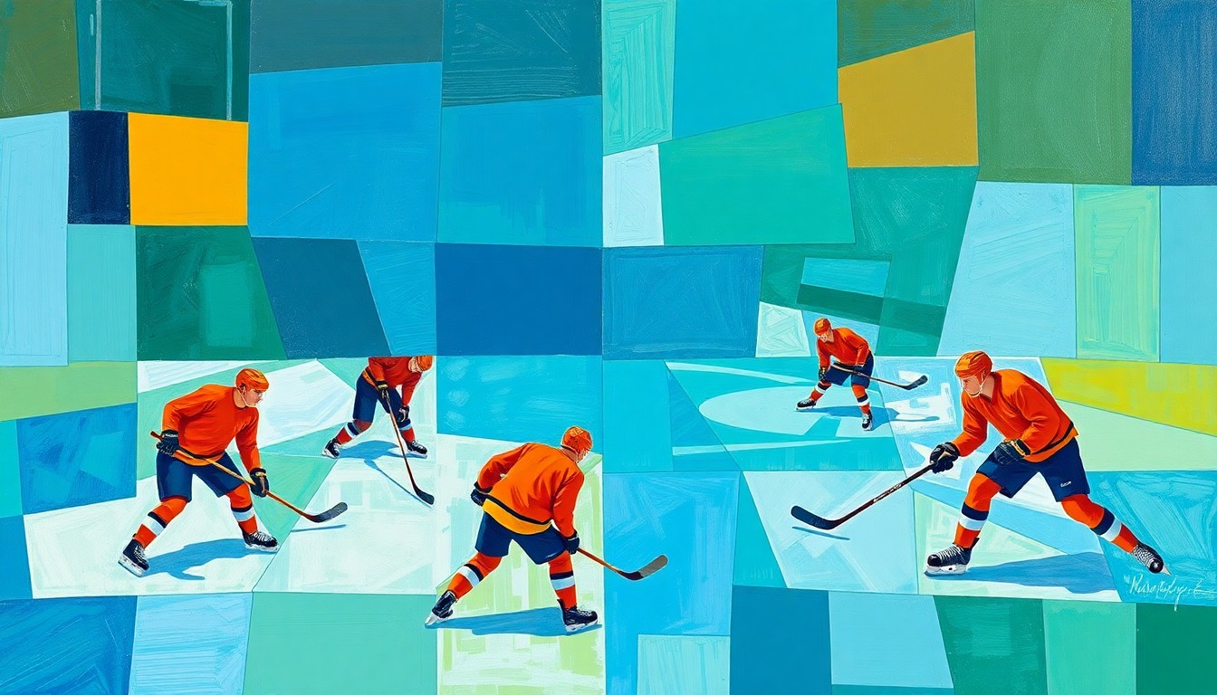 A cubist-style painting depicting a fragmented, geometric interpretation of a hockey practice, with overlapping planes of ice, sticks, and players