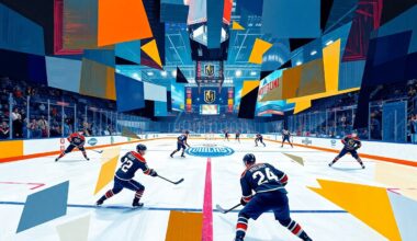 A cubist, geometric painting depicting a hockey game between the Vegas Golden Knights and Edmonton Oilers, with the players and rink broken down into sharp, overlapping planes of color.