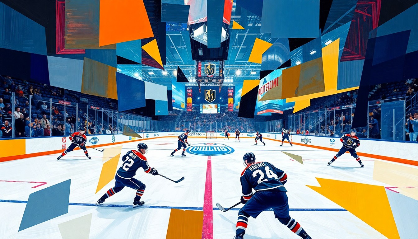 A cubist, geometric painting depicting a hockey game between the Vegas Golden Knights and Edmonton Oilers, with the players and rink broken down into sharp, overlapping planes of color.