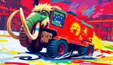 An extreme close-up of the Zammoth mascot vehicle, its massive mammoth-inspired features rendered in a vibrant, expressionist painting style with rapid brushstrokes and neon colors, capturing the raw energy and movement as it drives around the hockey rink.