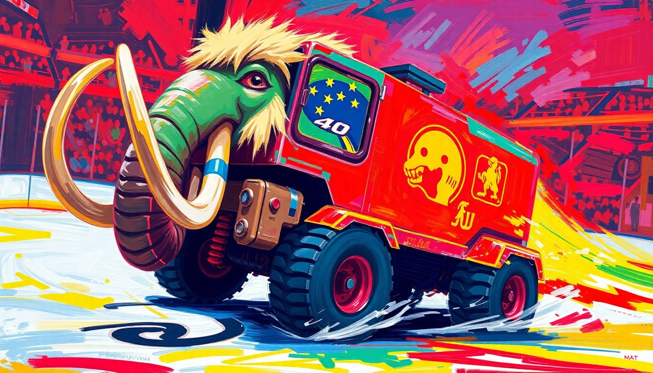 An extreme close-up of the Zammoth mascot vehicle, its massive mammoth-inspired features rendered in a vibrant, expressionist painting style with rapid brushstrokes and neon colors, capturing the raw energy and movement as it drives around the hockey rink.