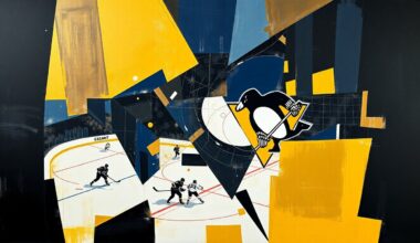 A cubist, geometric painting depicting a hockey game in motion, with overlapping planes of black, gold, and navy blue representing the dynamic action on the ice.