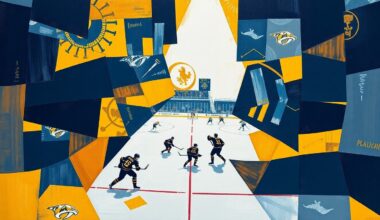 A cubist, geometric painting depicting a hockey game, with sharp planes of navy blue, gold, and white representing the players, puck, and arena in an abstract, fragmented style.