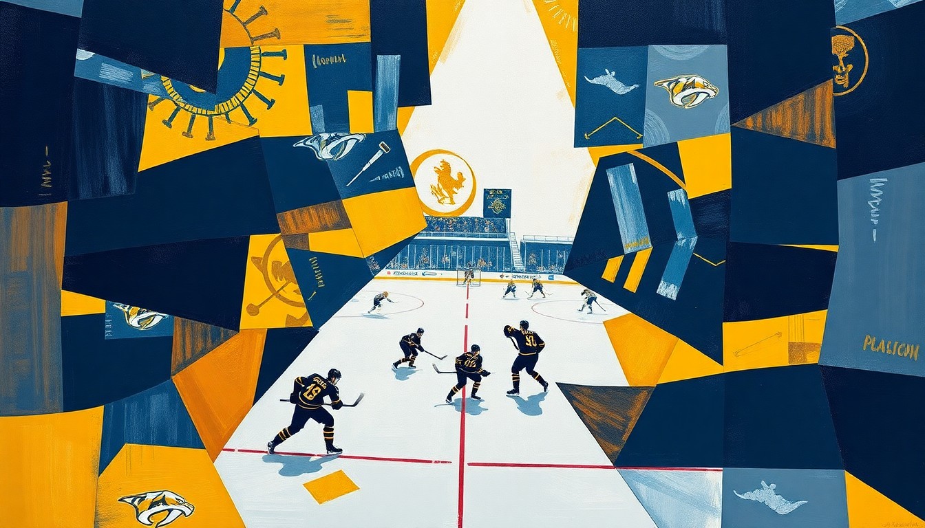 A cubist, geometric painting depicting a hockey game, with sharp planes of navy blue, gold, and white representing the players, puck, and arena in an abstract, fragmented style.