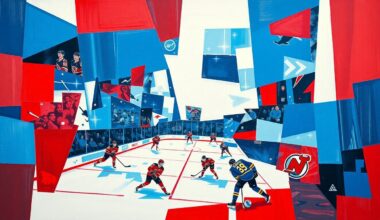 A cubist, geometric painting depicting a fragmented hockey game, with sharp planes of blue, red, and white representing the Devils