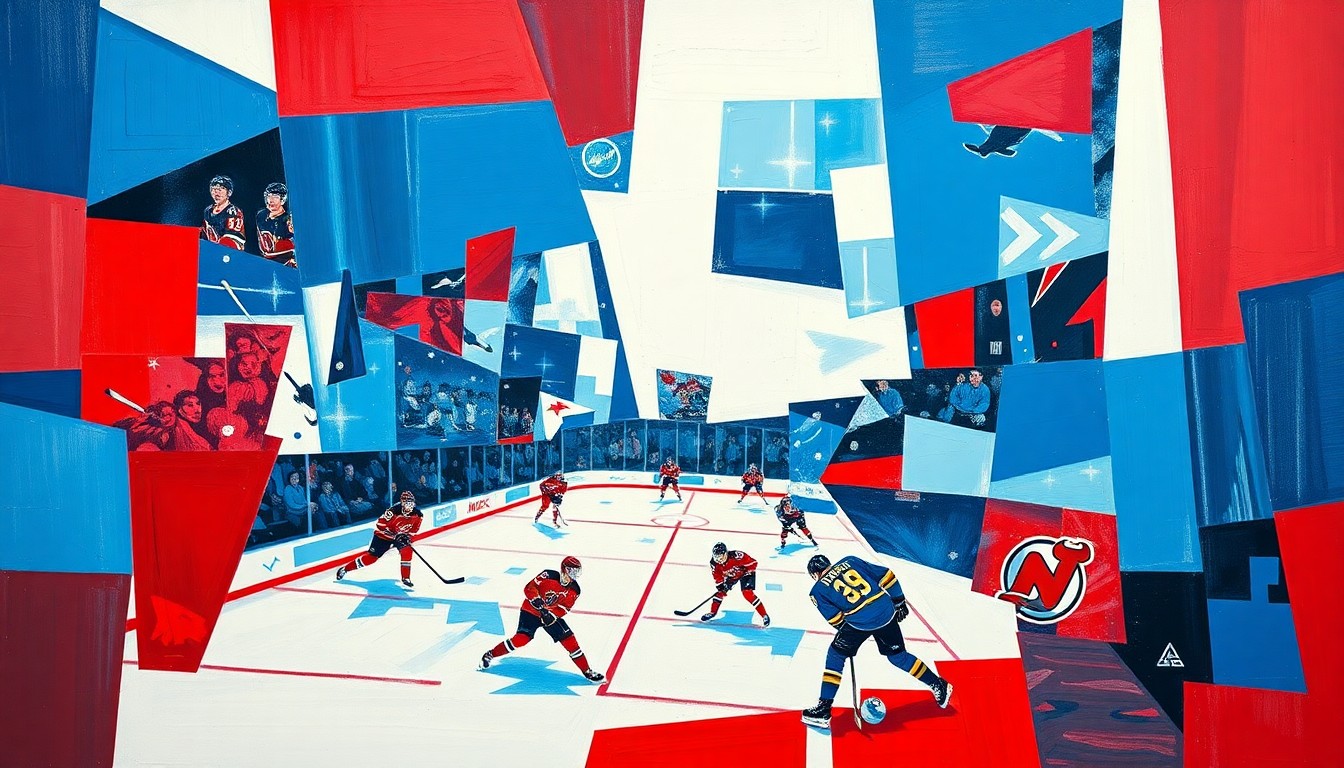A cubist, geometric painting depicting a fragmented hockey game, with sharp planes of blue, red, and white representing the Devils