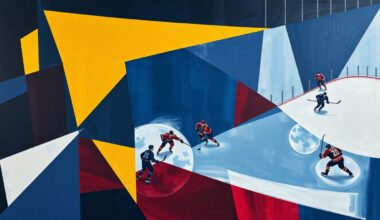 A cubist-style painting featuring fragmented, geometric shapes in navy, gold, and crimson red, conceptually representing the various contributions and roles of different Penguins players throughout the season.