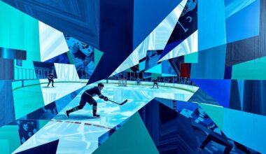 A fragmented, geometric painting depicting a hockey game from multiple angles, with sharp planes of navy, green, and silver representing the dynamic action on the ice.