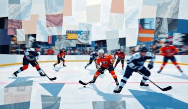 A fragmented, geometric painting depicting the dynamic movements and overlapping perspectives of a hockey game, with players and equipment broken down into sharp, angular shapes and planes of color.