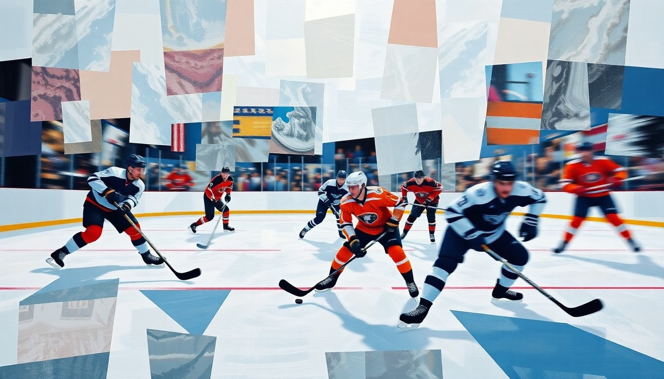 A fragmented, geometric painting depicting the dynamic movements and overlapping perspectives of a hockey game, with players and equipment broken down into sharp, angular shapes and planes of color.
