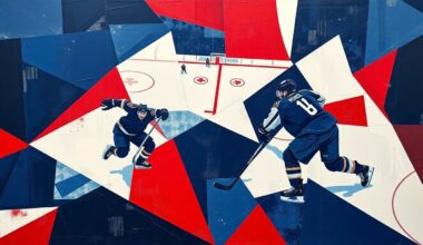 A cubist, geometric painting depicting a fragmented hockey scene, with sharp planes of navy blue, red, and white overlapping to create a sense of motion and energy on the ice.