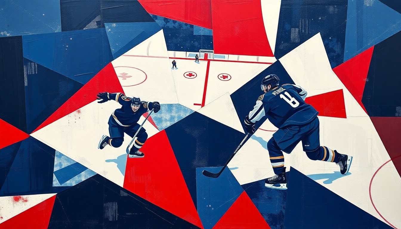 A cubist, geometric painting depicting a fragmented hockey scene, with sharp planes of navy blue, red, and white overlapping to create a sense of motion and energy on the ice.