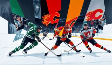 A cubist, geometric painting depicting the action and intensity of a hockey game between the Dallas Stars and Calgary Flames, with the players