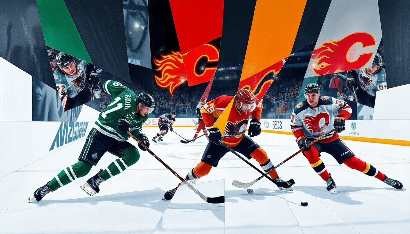 A cubist, geometric painting depicting the action and intensity of a hockey game between the Dallas Stars and Calgary Flames, with the players