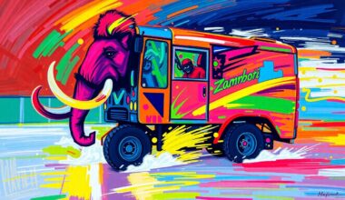 An expressionist painting in vibrant neon colors depicting a Zamboni ice resurfacing machine transforming into a Mammoth-themed