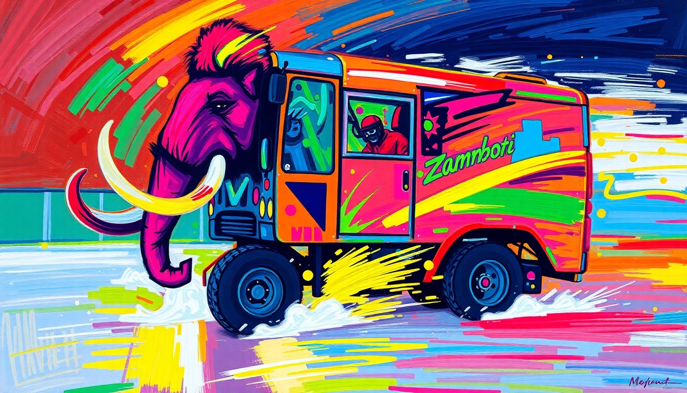 An expressionist painting in vibrant neon colors depicting a Zamboni ice resurfacing machine transforming into a Mammoth-themed