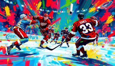 An abstract, expressionist painting in vibrant neon colors, capturing the raw energy and intensity of a high-stakes NHL hockey game between two teams battling for a playoff berth.
