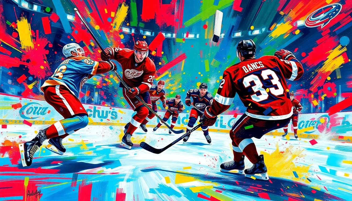 An abstract, expressionist painting in vibrant neon colors, capturing the raw energy and intensity of a high-stakes NHL hockey game between two teams battling for a playoff berth.