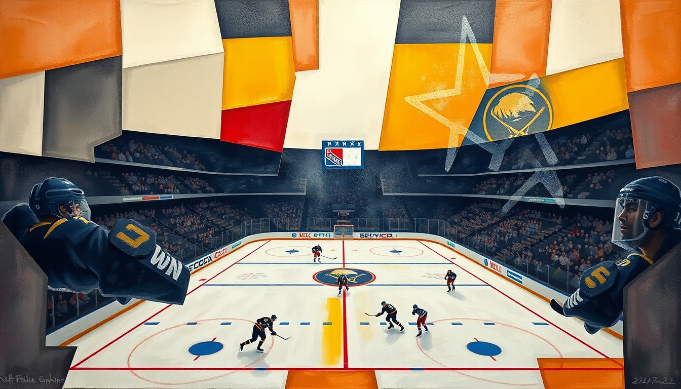 A cubist, geometric painting depicting a hockey game between the Buffalo Sabres and New York Rangers, with the players and action broken down into overlapping angular shapes and planes of color.