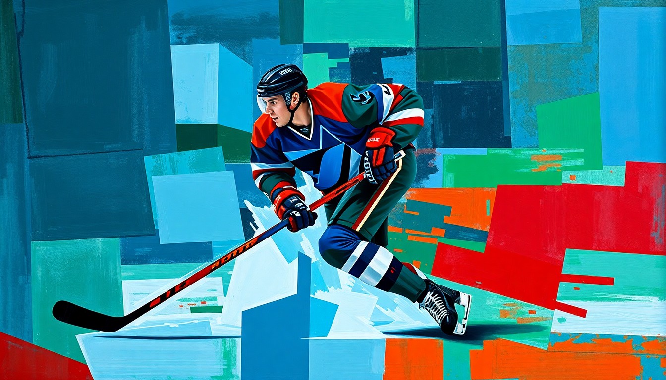 A fragmented, geometric painting depicting a hockey player in motion, with sharp planes of blues, greens, and reds overlapping to create a dynamic, abstract composition.