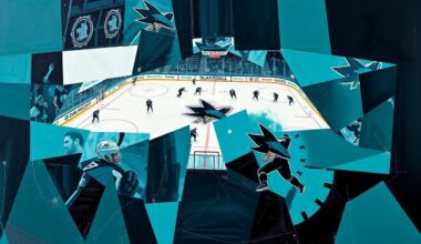 A cubist, geometric painting depicting a San Jose Sharks hockey game, with the players and action broken down into sharp, overlapping planes of teal, black, and white, conveying the team