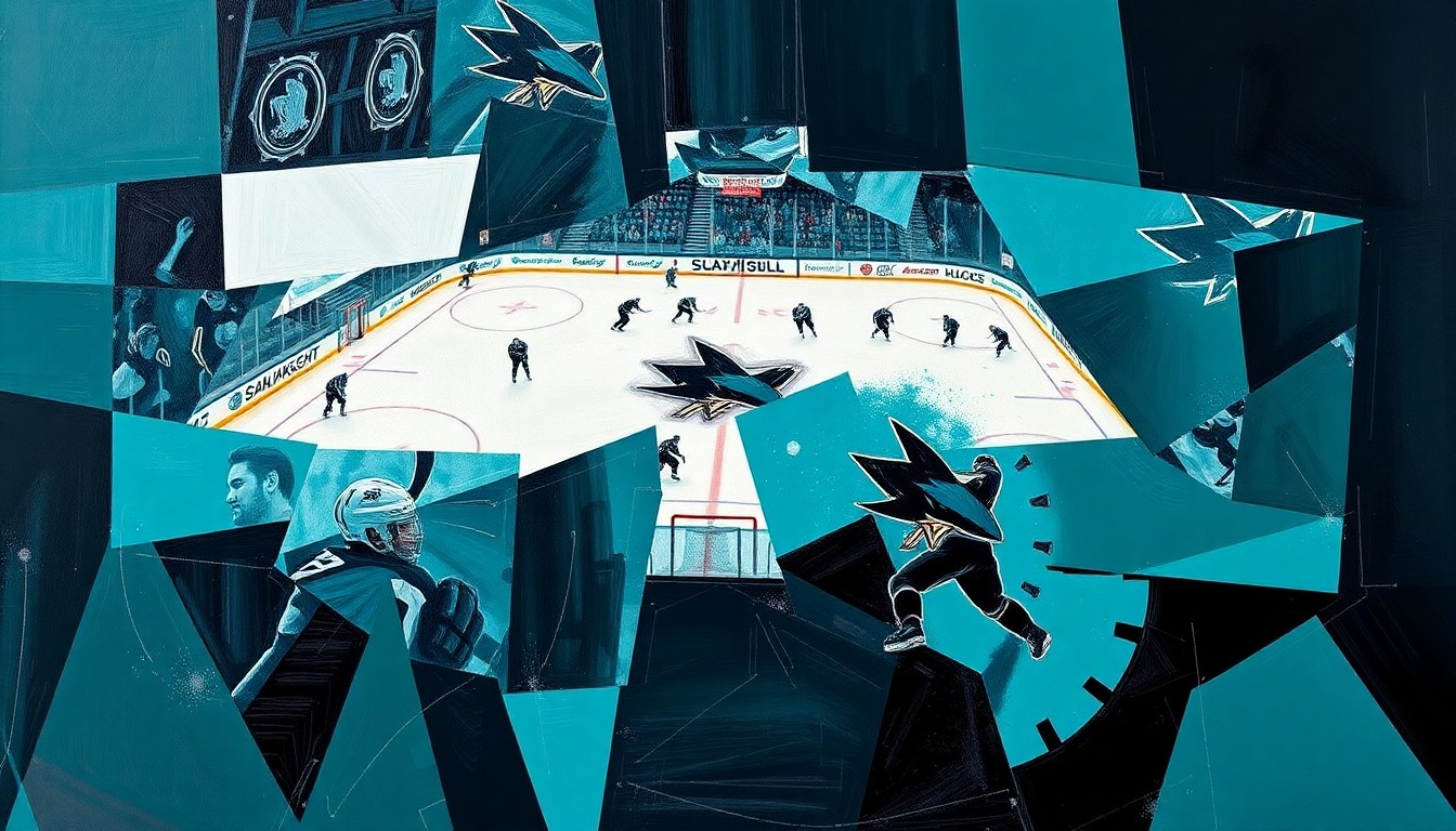 A cubist, geometric painting depicting a San Jose Sharks hockey game, with the players and action broken down into sharp, overlapping planes of teal, black, and white, conveying the team