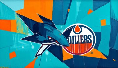 A fractured, geometric painting depicting a hockey game between the San Jose Sharks and Edmonton Oilers, with sharp, overlapping planes of teal, orange, and navy blue colors.