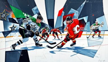 A cubist, geometric painting depicting a hockey game between the Dallas Stars and Calgary Flames, with players and the puck represented as fragmented, angular shapes that capture the raw energy and physicality of the matchup.