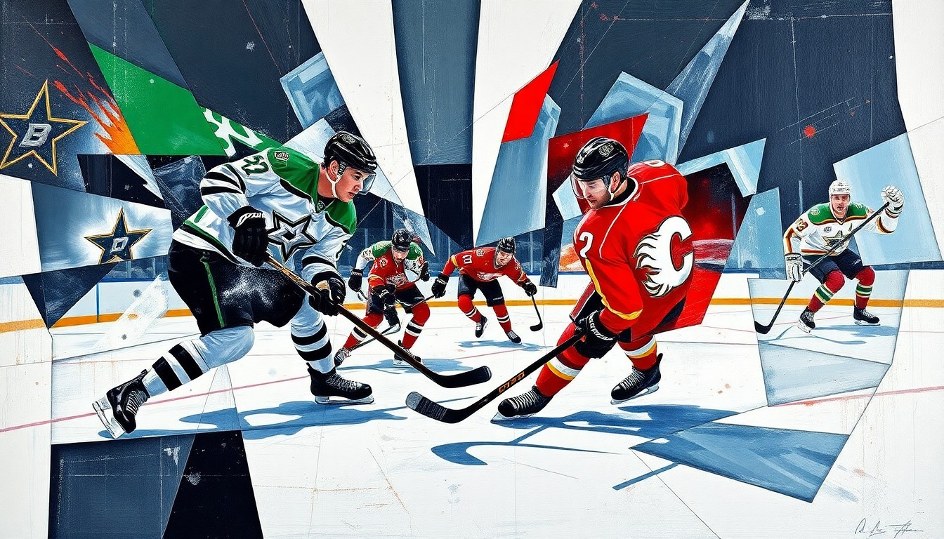 A cubist, geometric painting depicting a hockey game between the Dallas Stars and Calgary Flames, with players and the puck represented as fragmented, angular shapes that capture the raw energy and physicality of the matchup.