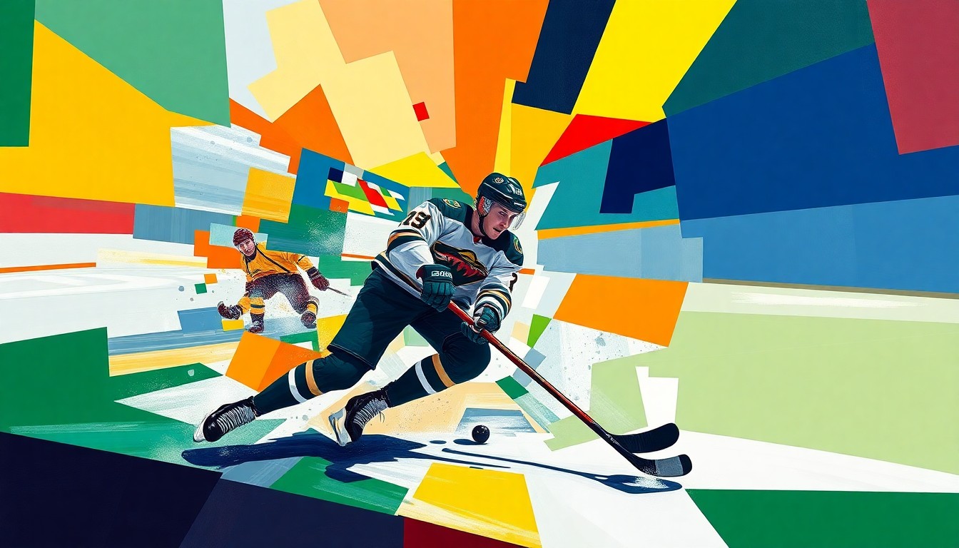 A cubist, geometric painting depicting the hockey action of a player batting the puck into the net, with the vibrant colors of the competing teams swirling together in an abstract, fragmented composition.