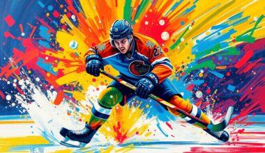 A vibrant, expressionist painting in neon colors capturing the raw energy and movement of a hockey player scoring a goal, with the player