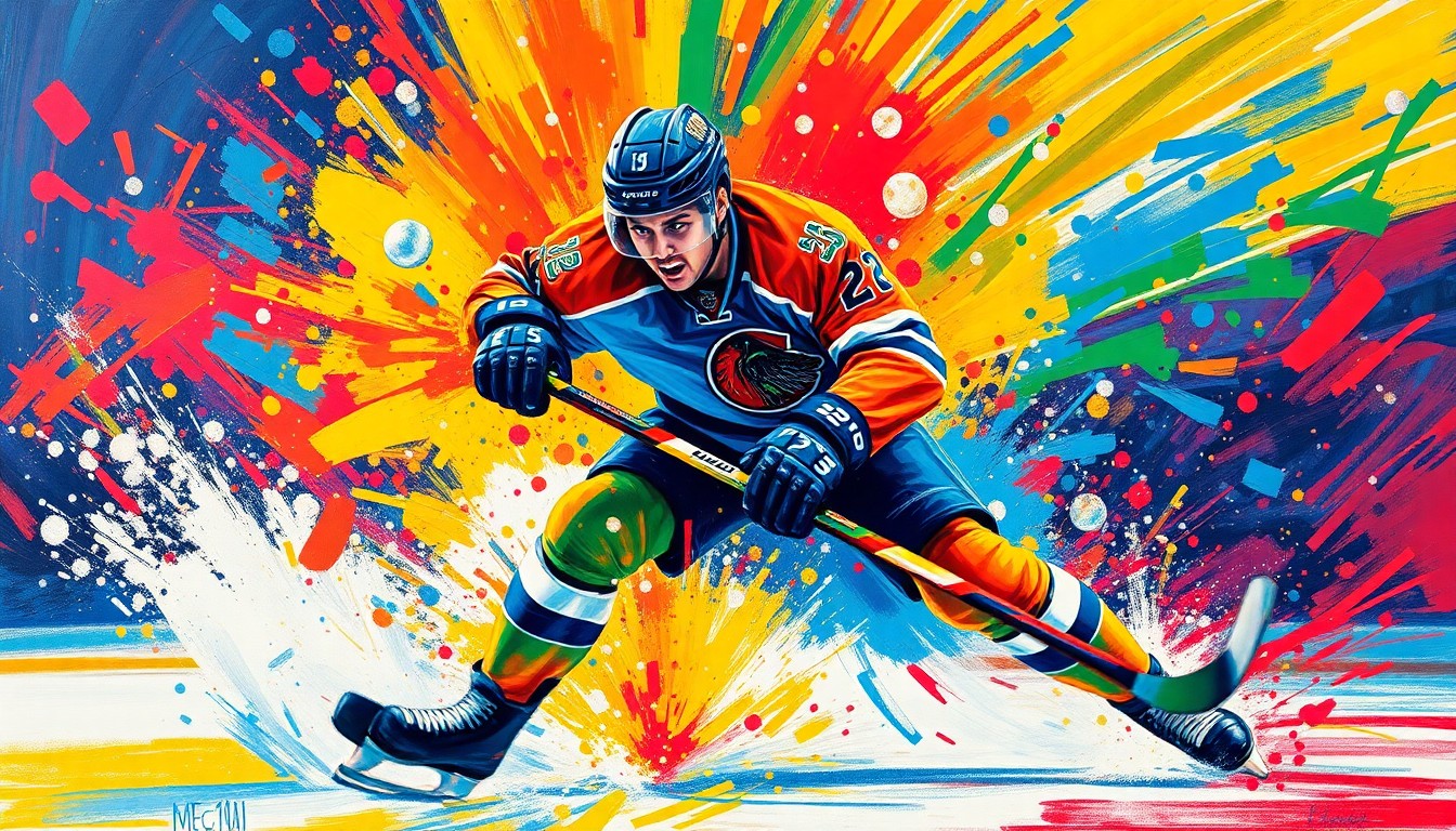 A vibrant, expressionist painting in neon colors capturing the raw energy and movement of a hockey player scoring a goal, with the player
