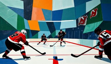 A fractured, multi-perspective painting in a cubist style, breaking down a hockey game into sharp, overlapping geometric shapes in navy, green, and red, representing the players